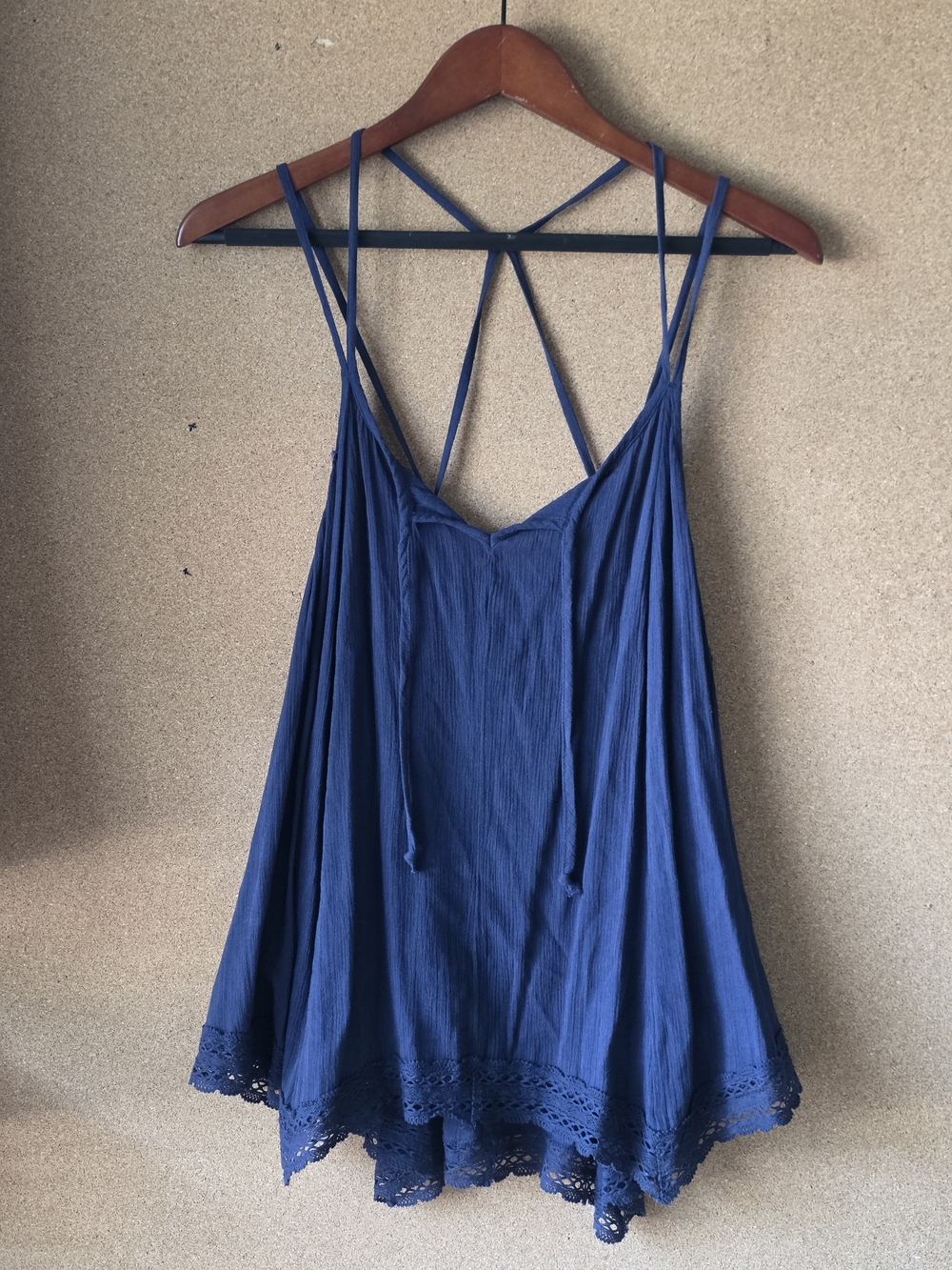 Aerie Blue Lace Trim Tank Top XL Crisscross Straps Boho Casual Cami Top